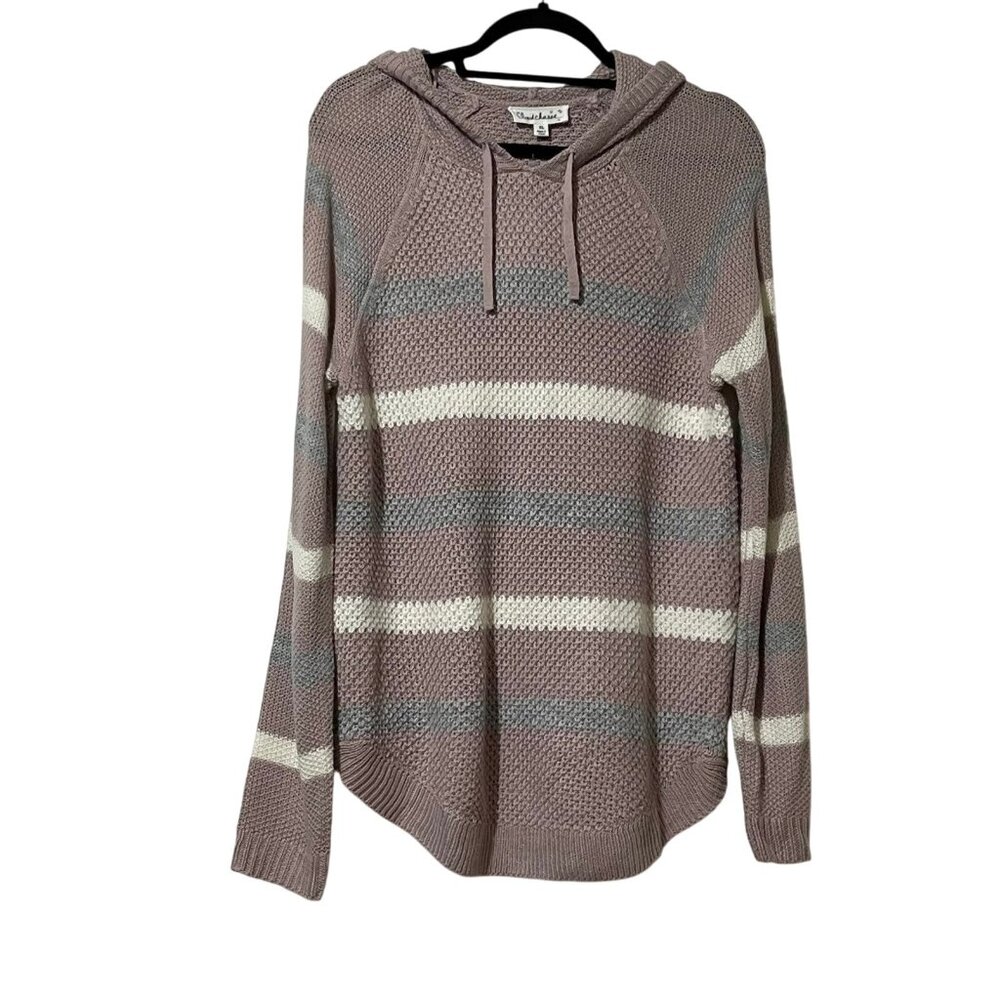 Cloudchaser Womens XL Striped Knit Hooded Sweater In Taupe & White